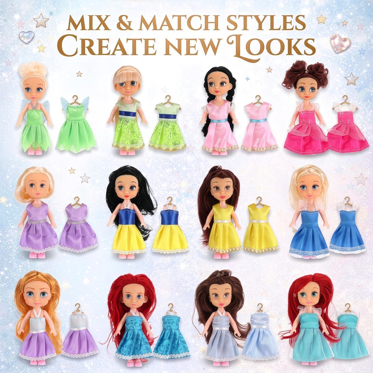 Liberty Imports 12 Pack Little Royal Princess Dolls - Mini Pocket Size Toddler Toys Fantasy Pretend Play Set with Dress, Accessories for Kids, Girls