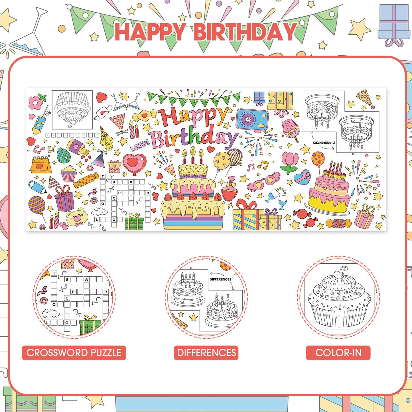 Hayfige Happy Birthday Giant Coloring Tablecloth Poster for Kids - 30 x 72 Inch Versatile Birthday Activity Paper Banner Poster Table Cover Crafts