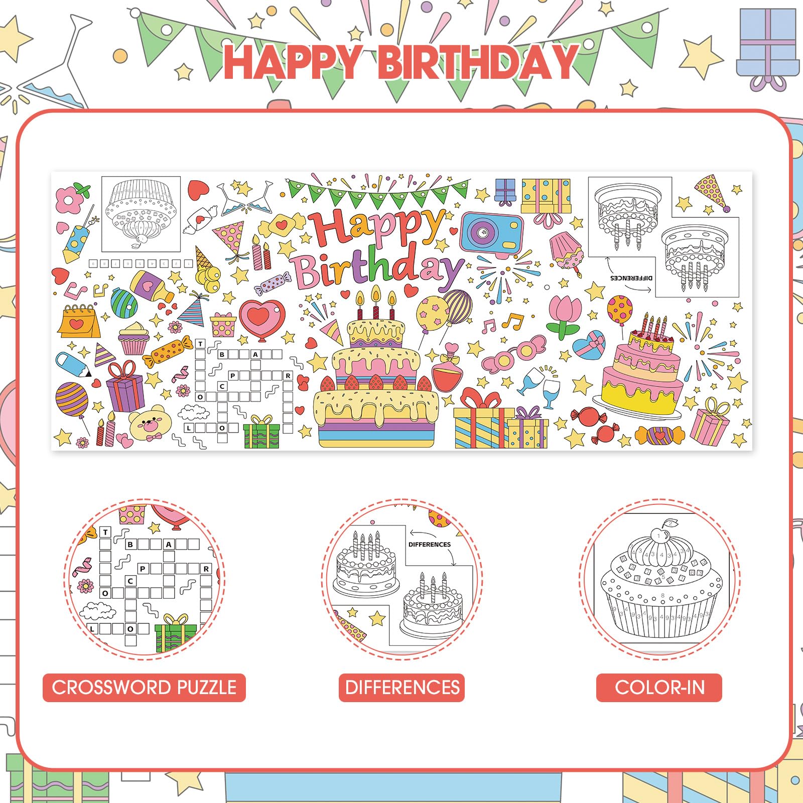 Hayfige Happy Birthday Giant Coloring Tablecloth Poster for Kids - 30 x 72 Inch Versatile Birthday Activity Paper Banner Poster Table Cover Crafts