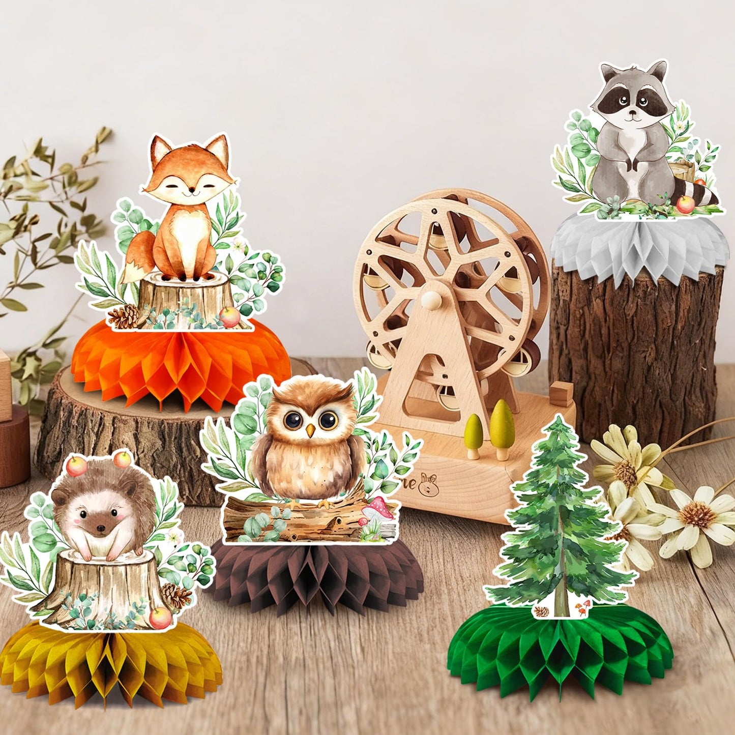 10-Piece Woodland Baby Shower Honeycomb Centerpieces with Welcome Baby Banner - Forest Animals Table Decorations for Baby Shower, Gender Reveal