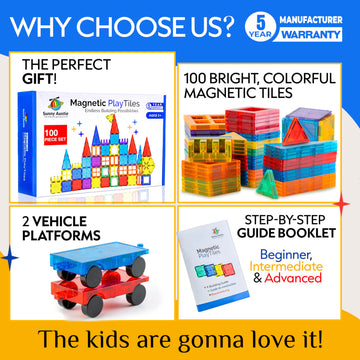 SUNNY AUNTIE Magnetic Tiles 100 PCS with 2 Cars - Magnetic Building Tiles STEM Toy for Kids Ages 3-8, Magnet Construction Set for Boys & Girls
