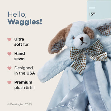Bearington Baby Waggles Blue Puppy Snuggler - 15" Puppy Lovey Security Blanket with Silk Satin Trim and Plush Dog Design - Soft for Boys and Girls