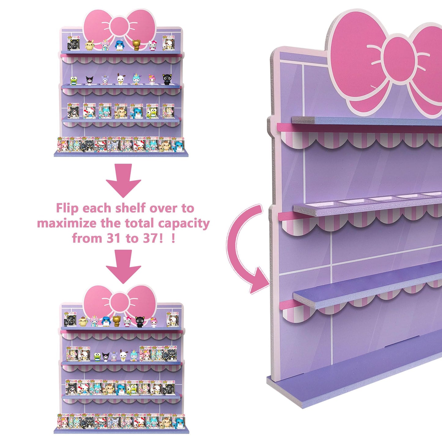 AUFGELD Display Shelf Compatible with Funko Bitty Kitty Series, Kitty Bow Design Organizer for Bitty Pop, Wallmountable Cute Bow Shape, Displays 31