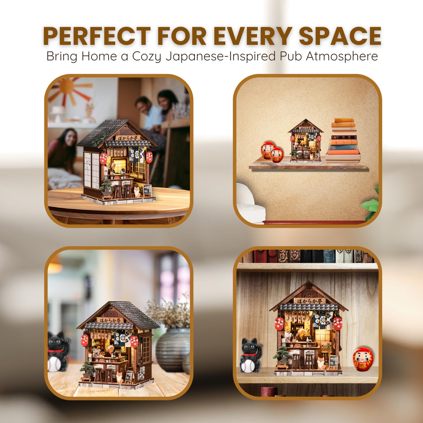 DIY Book Nook Kit for Adults, The Mellow Pub Miniature House Kit, 3D Wooden Puzzle with Touch LED Light, Japanese Style Bookshelf Insert Decor