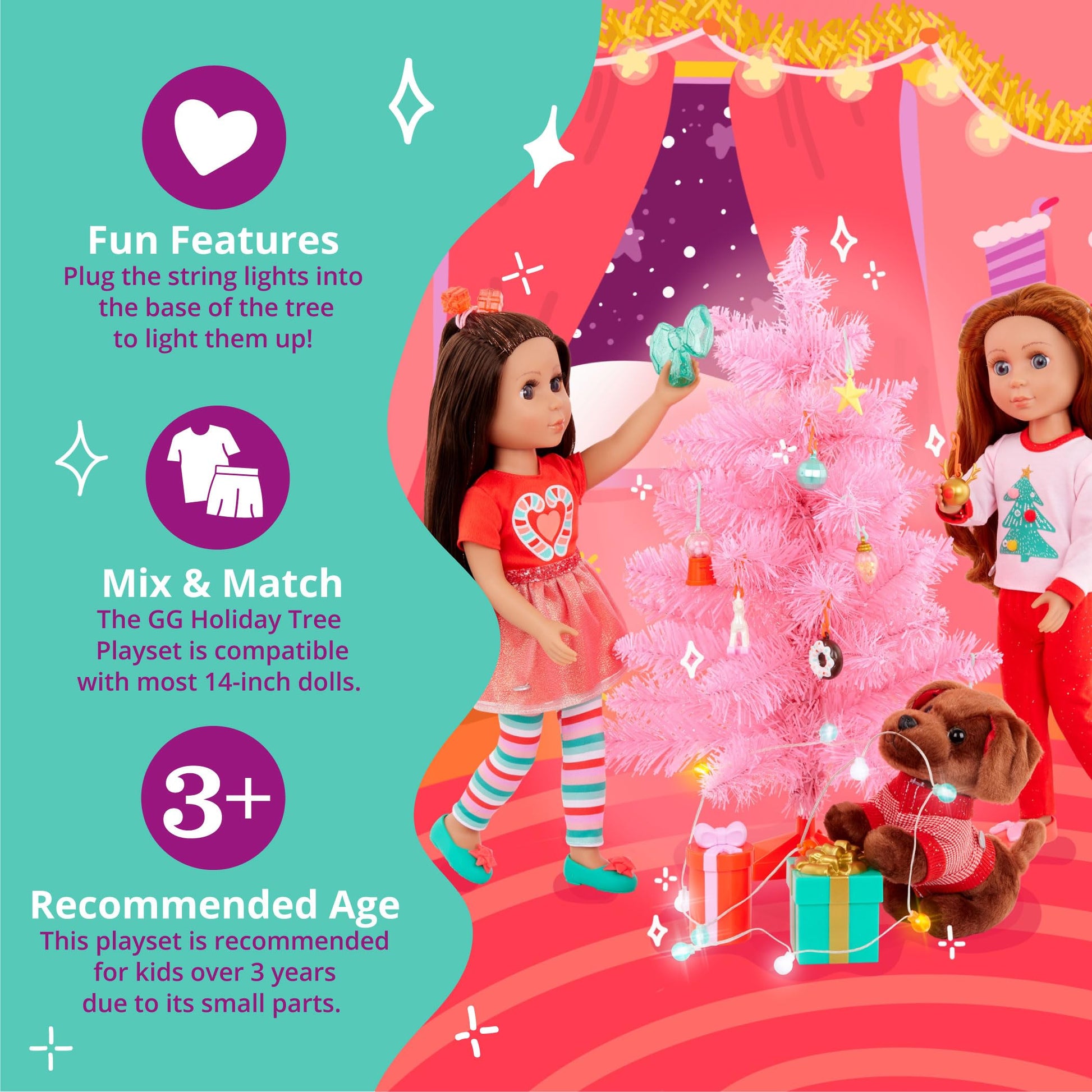 Glitter Girls - 14-Inch Doll Accessories - Winter Tree Playset - 27 Pieces Deluxe Decorating Set - Working String Lights & Gift Boxes - 9 Cute