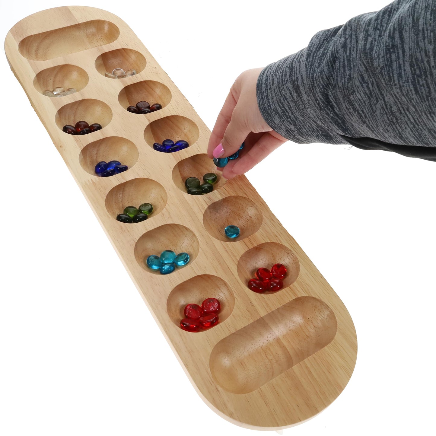 WE Games Classic Mancala Board Game 22 inch, Large Natural Wood Board with Assorted Glass Mancala Stones, African Stone Game, Table Top Décor