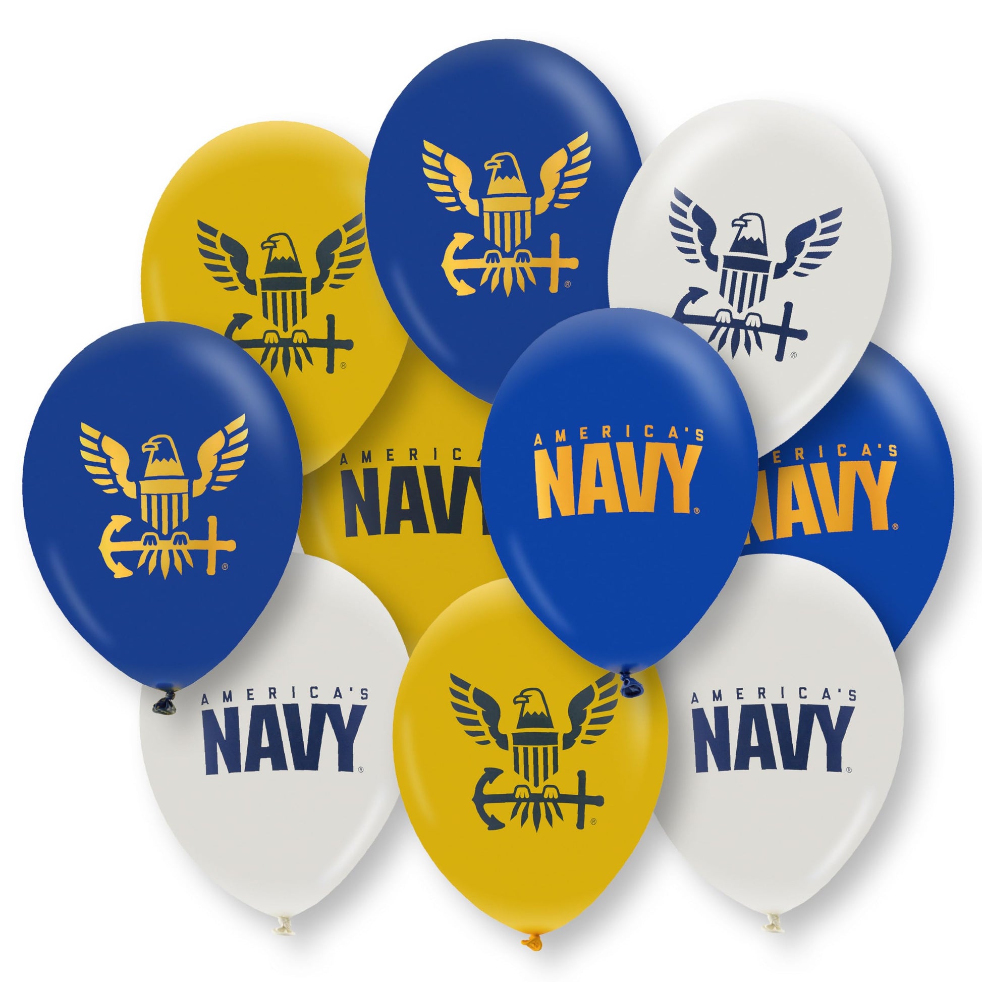 U.S. Navy Party Balloons (10 pcs)! 12” Latex balloons in Blue, White & Yellow with Striking Print on 2 sides. Officially Licensed U.S. Navy