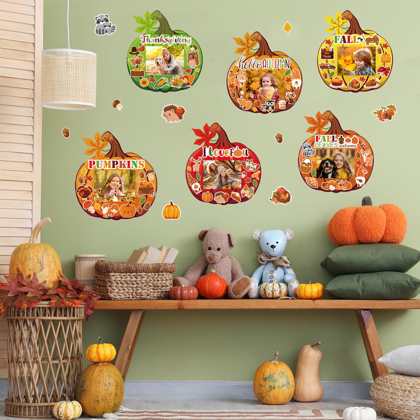 BLSUREFYX 36 Sets Fall DIY Picture Frames Craft Kit 6.8 x 6.3 Inch Autumn Pumpkin Photo Frames Ornaments with Autumn Stickers for Thanksgiving