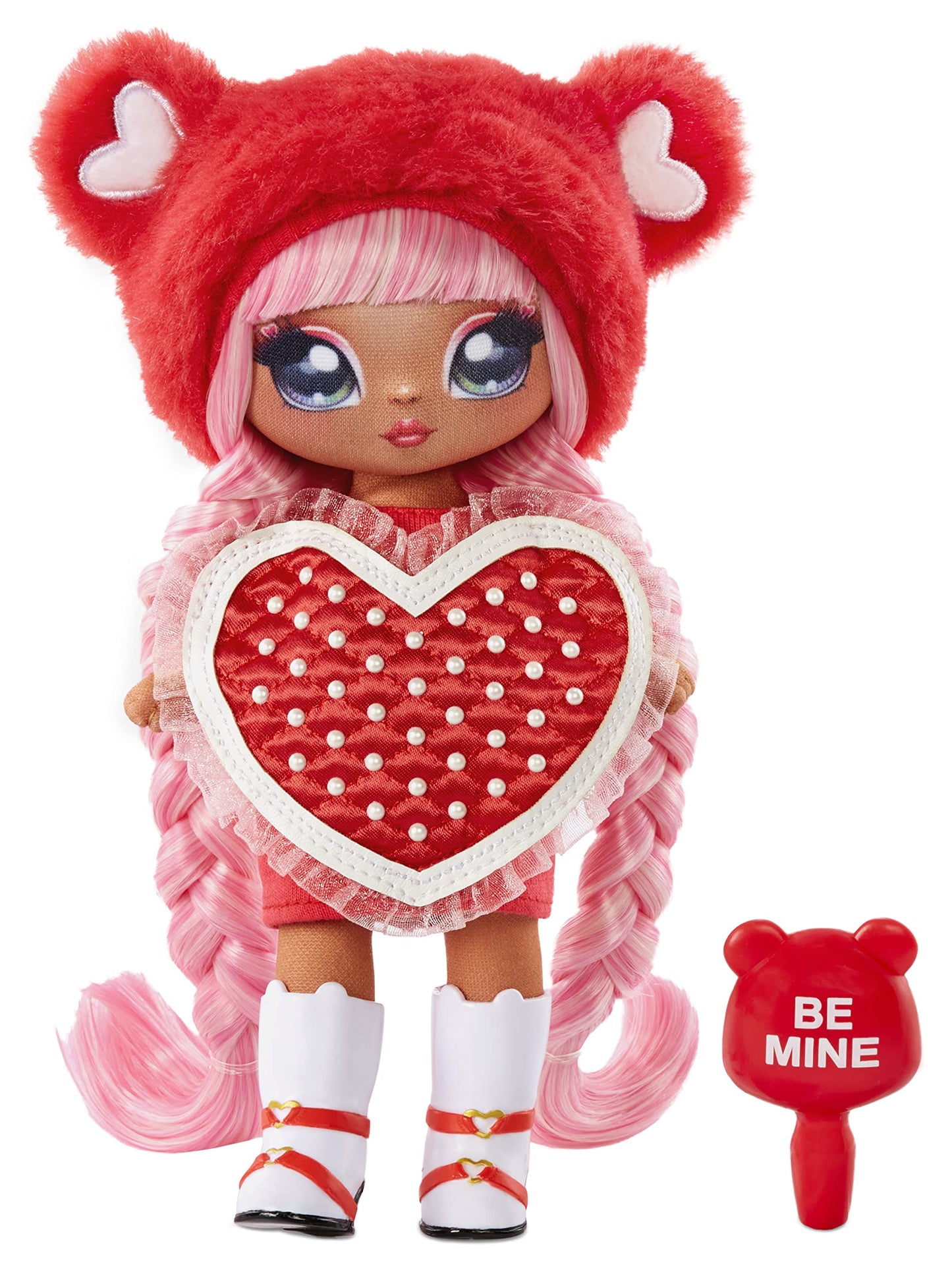 MGA Entertainment Na Na Na Surprise Valentina Moore - Red Teddy Bear-Inspired 7.5" Fashion Doll with Pink Hair, Heart-Shaped Dress and Brush