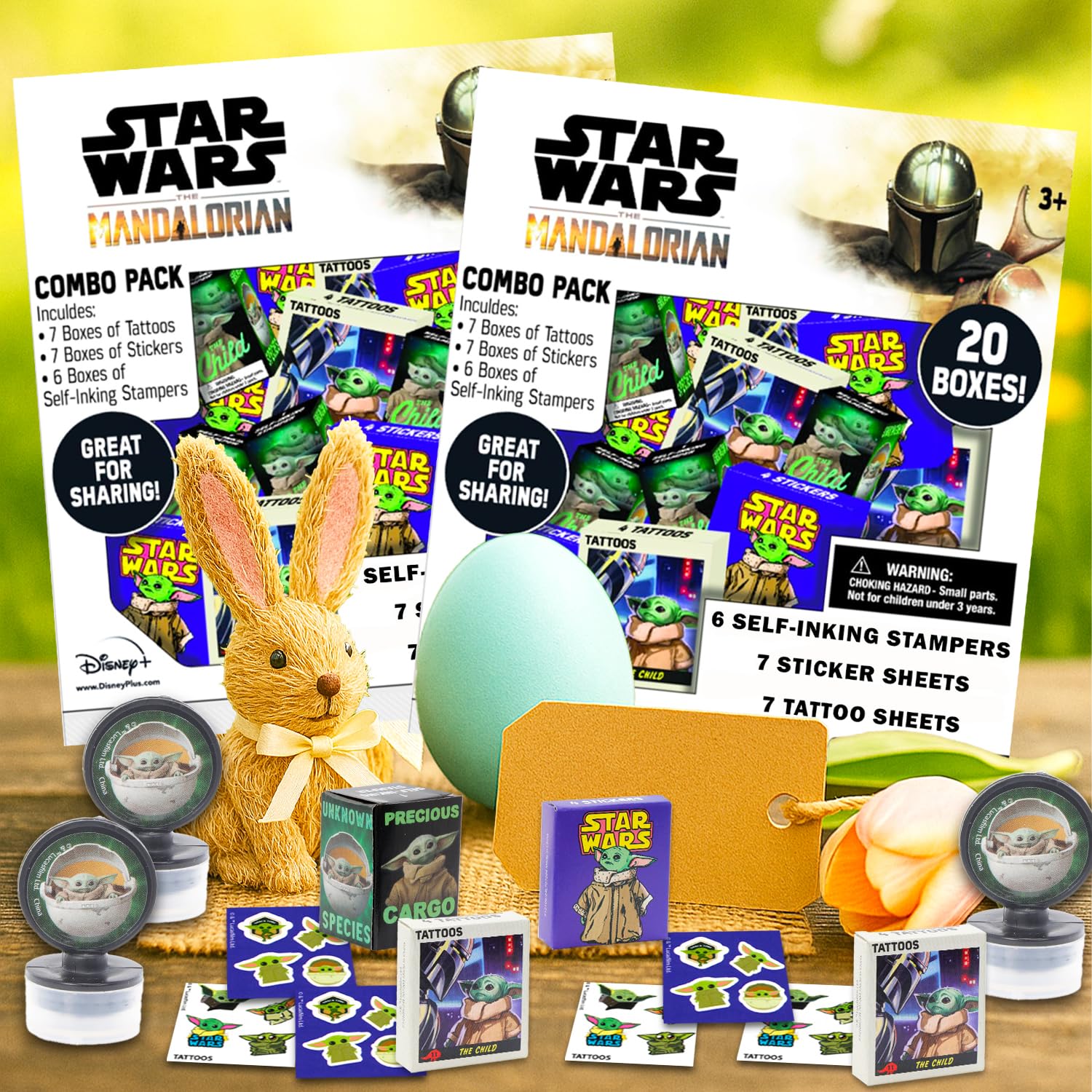 Star Wars Holiday Gift Exchange Set - Bundle of 40 Baby Yoda Party Favor Boxes with Stickers, Tattoos, Stampers for Easter Basket Fillers, More