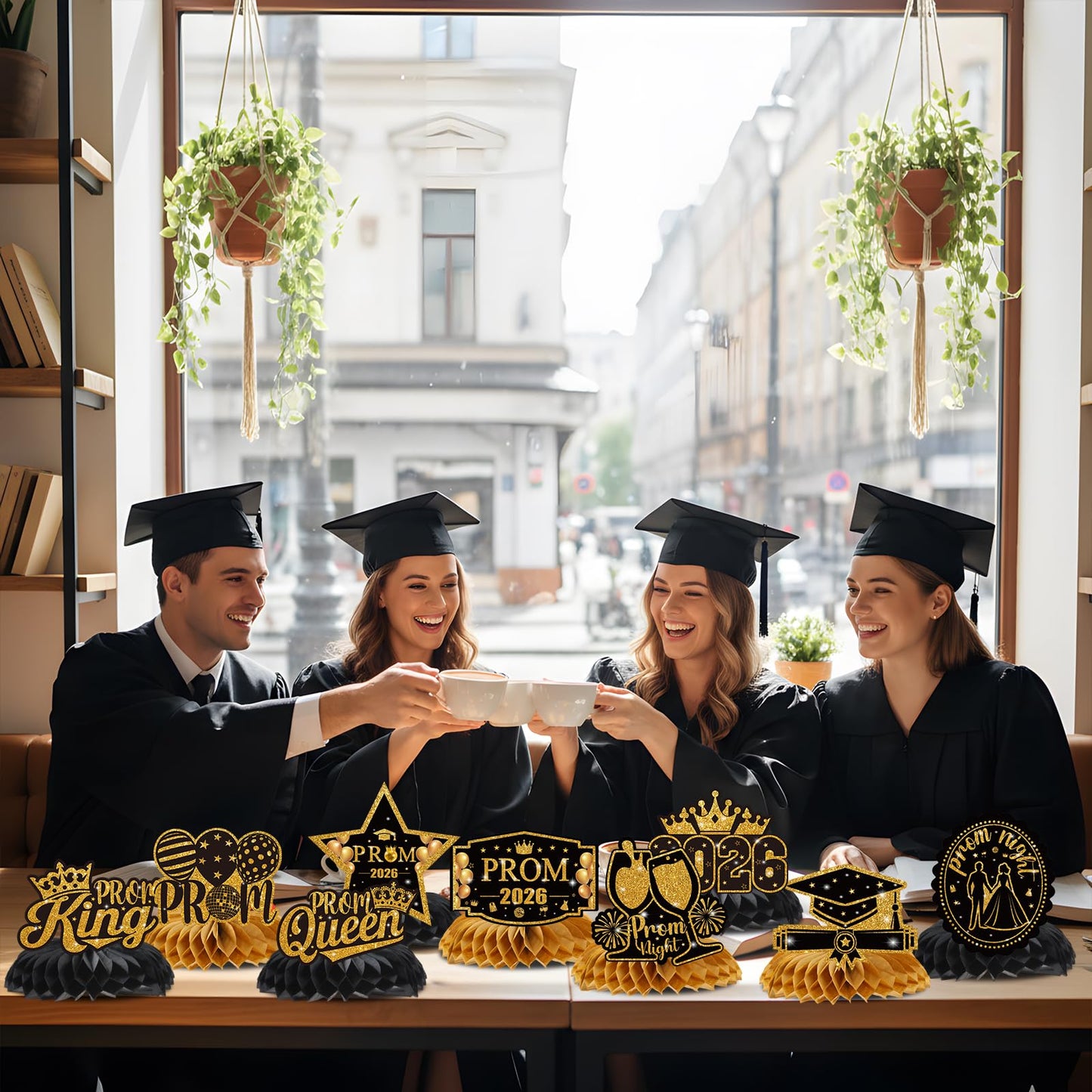 Vemfare Prom Graduation Centerpieces for Tables - 9 Pcs 2026 Graduation Honeycomb Centerpieces Decor, Black Golden High School College Graduate Party