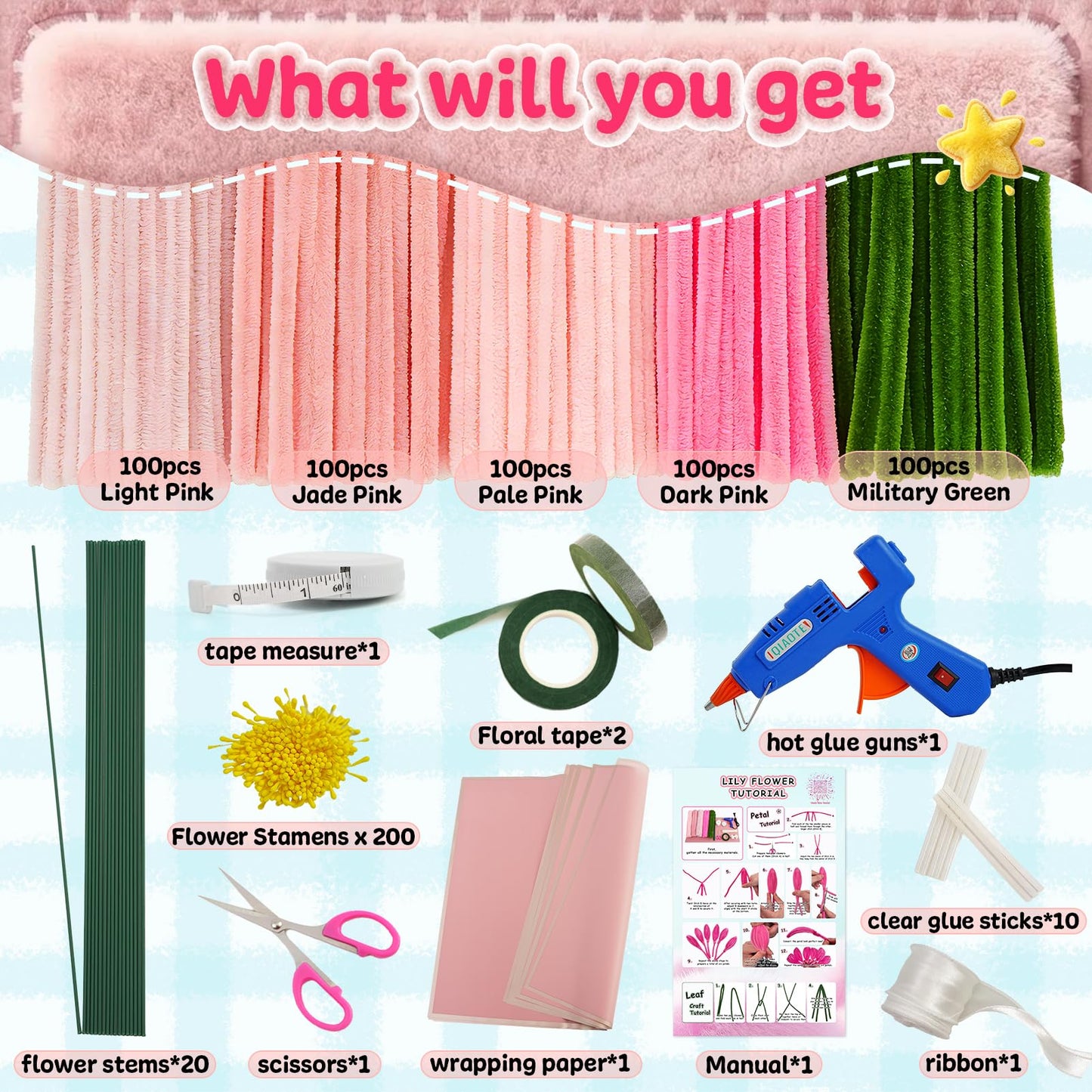 apinud Pipe Cleaners Flowers with Glue Gun, 500PCS Pipe Cleaners Craft Kits, Chenille Stems Bulk for Flower Making, DIY Gifts Arts Supplies