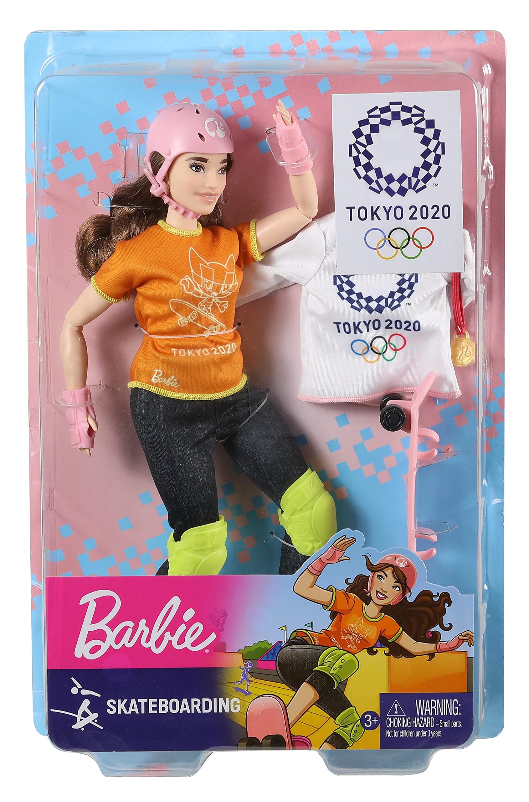 Barbie Olympic Games Tokyo 2020 Skateboarder Doll with Uniform, Tokyo 2020 Jacket, Medal, Skateboard, Wrist and Kneepads for Ages 3 and Up