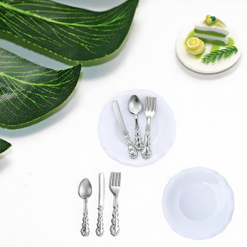 4Sets Kitchen & Dining Theme Miniature Dish Set - 1:12 Scale Plates,Spoons,Knife & Fork,Realistic Porcelain Tableware for Dollhouse,Miniature Dinner