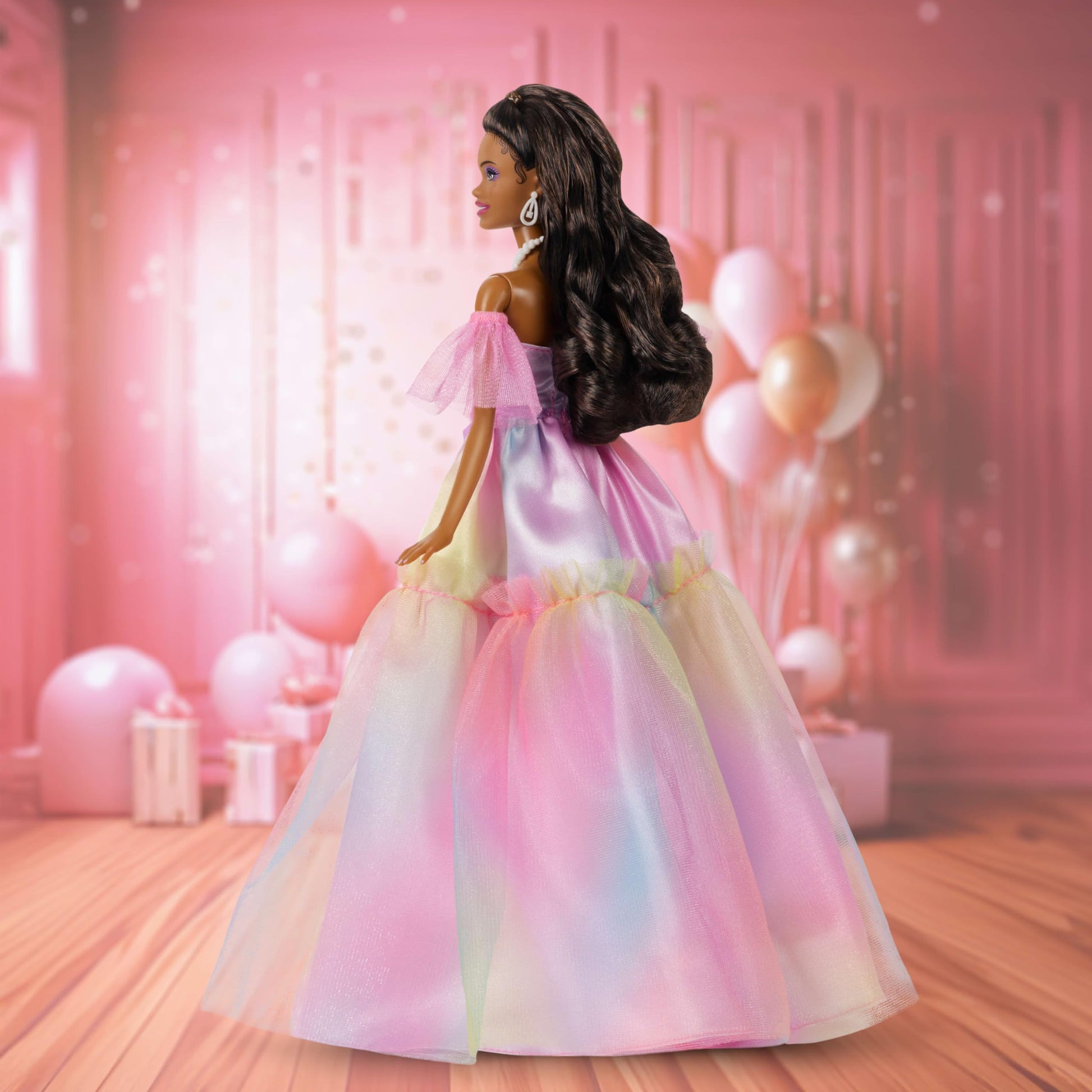 Barbie Signature Birthday Wishes Fashion Doll with Black Hair in Dress with Pastel Rainbow Effect, Collectible Toy with Giftable Packaging