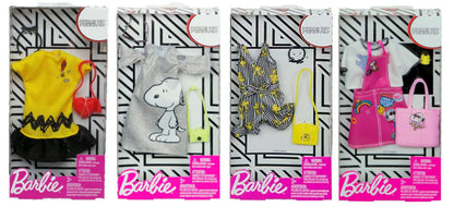 Barbie Fashion Peanuts Character Outfit Set - Bundle of 4 Clothing Packs with Accessories | Fits Most Dolls | Snoopy & Friends Themed Wardrobe | Ages