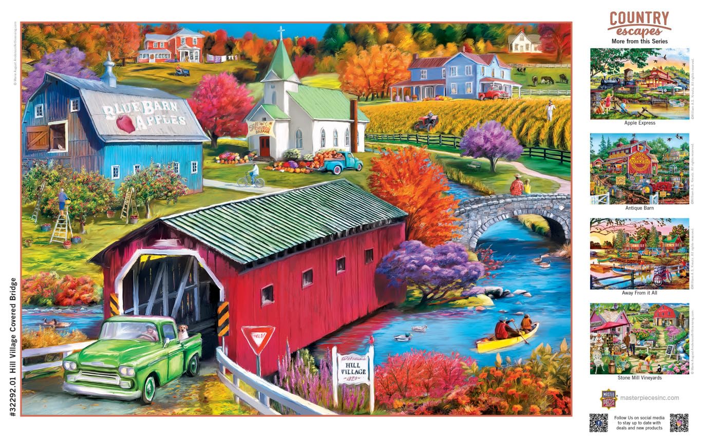 Masterpieces Country Escapes Hill Village Covered Bridge 500 Piece Puzzle - Eco-Friendly, Matte Finish, Random Cut, Bonus Poster, Ages 14+
