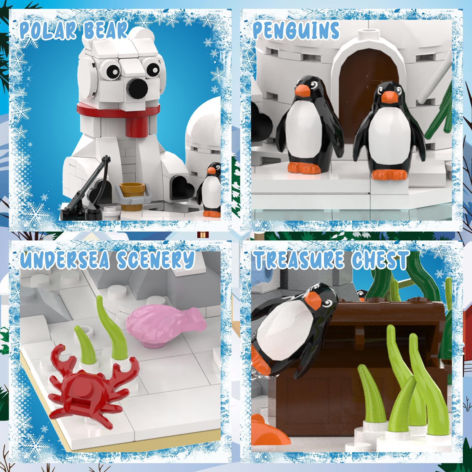 aphpaio Christmas Polar Bear and Penguin Building Set, Sea Animals Building Kit Winter Village, Includes Igloo Fish Crab Sea Animals, Brithday Gift