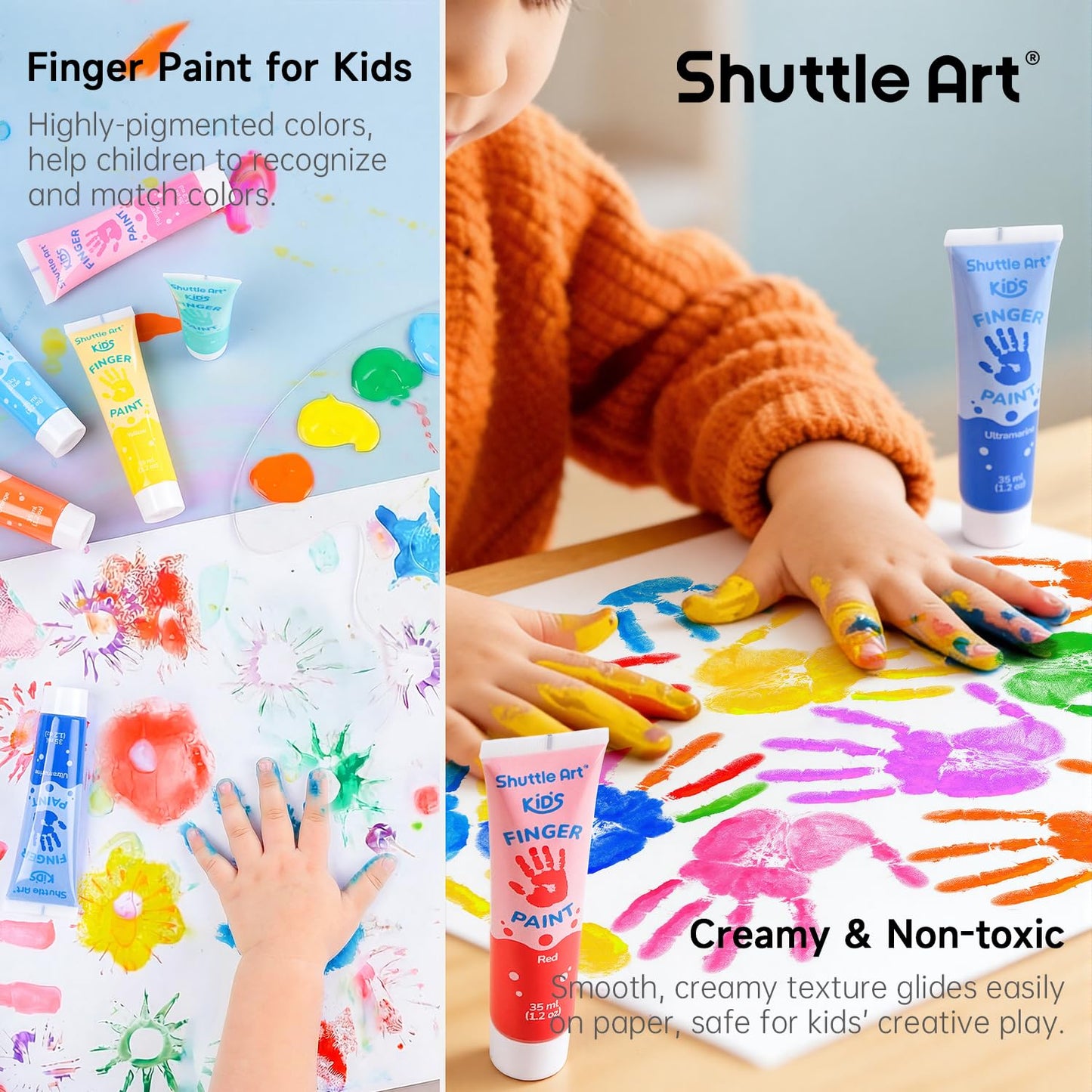 Shuttle Art Washable Finger Paint for Toddlers, 15 Vibrant Colors (1.2 fl oz) Toddler Paint, Non-Toxic Finger Painting for Toddlers 1-3, Kids Arts