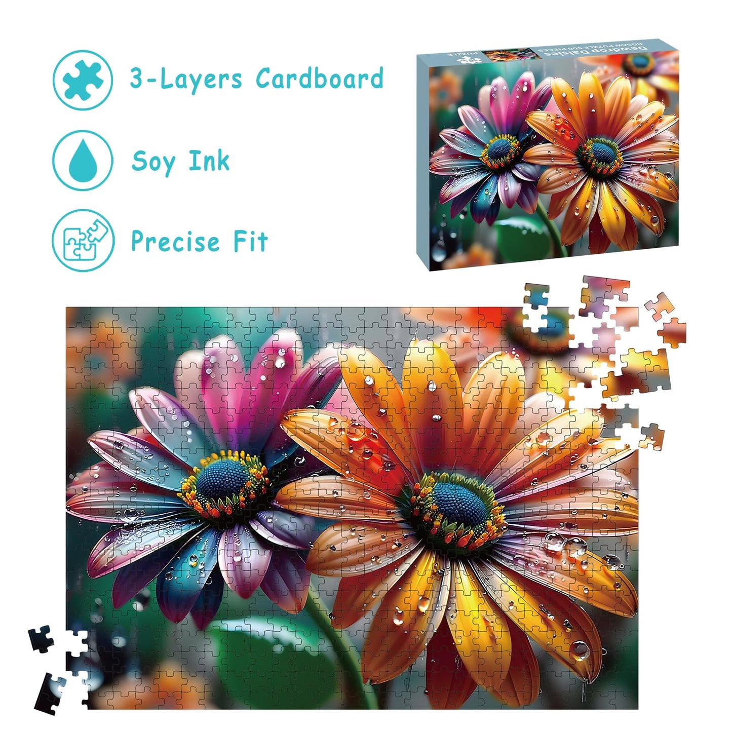 500 Piece Puzzles for Adults, Flowers Jigsaw Puzzles 500 Pieces - Dewdrop Daisies, Impossible Puzzle for Home Decor, Finished Size 20.47 * 14.96”
