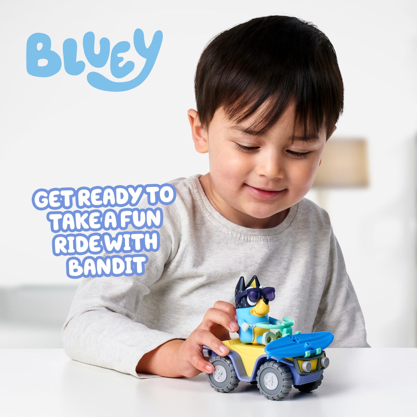 Bluey Bandit Surf Beach Toy Set, Exclusive 3" Poseable Bandit Figure Beach Toy Kit with Sunglasses, Quad Bike & Surfboard Accessories