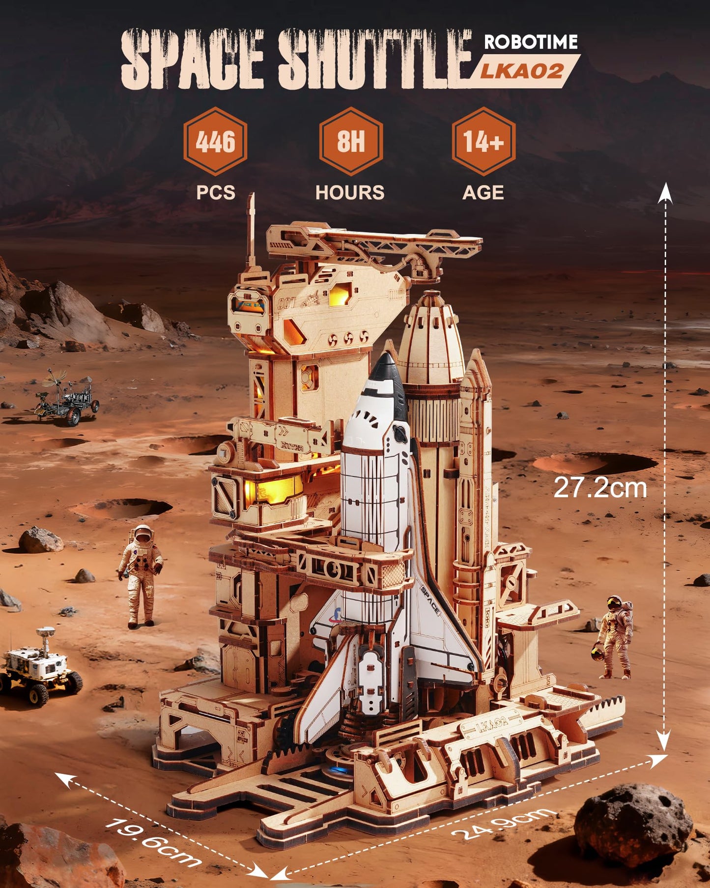 ROBOTIME 3D Space Shuttle Wooden Puzzle for Adults, Dynamic Rocket Launch Model Building Kits with Lights, AS Home Desktop Decoration for Men Gifts