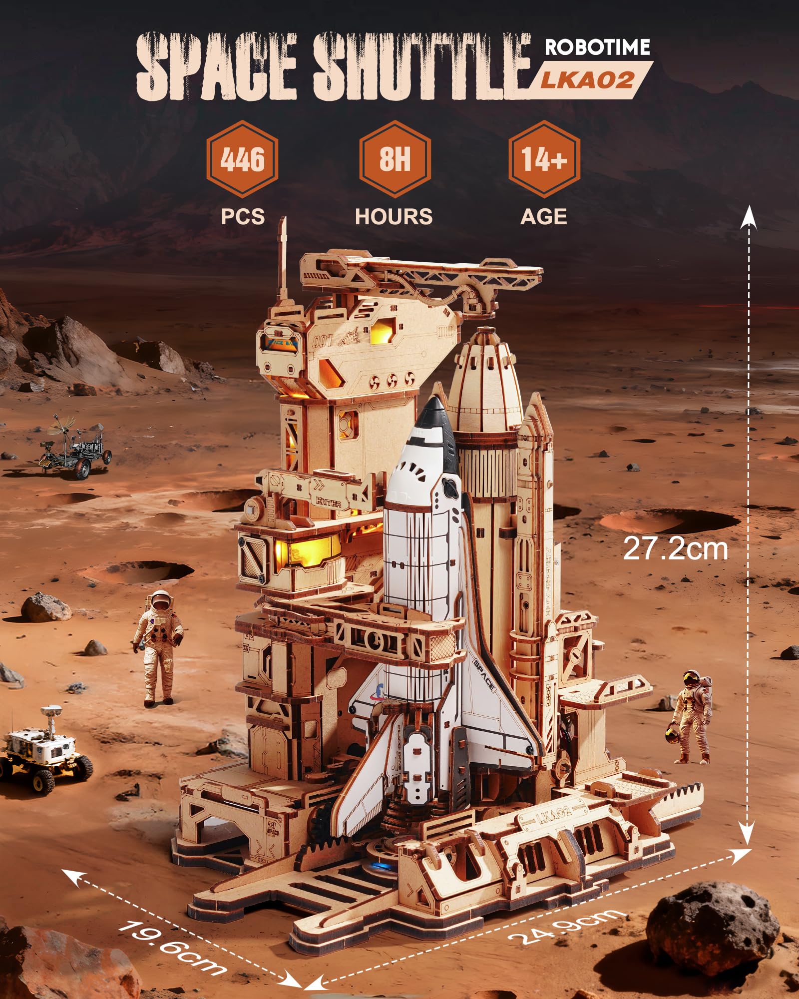 ROBOTIME 3D Space Shuttle Wooden Puzzle for Adults, Dynamic Rocket Launch Model Building Kits with Lights, AS Home Desktop Decoration for Men Gifts