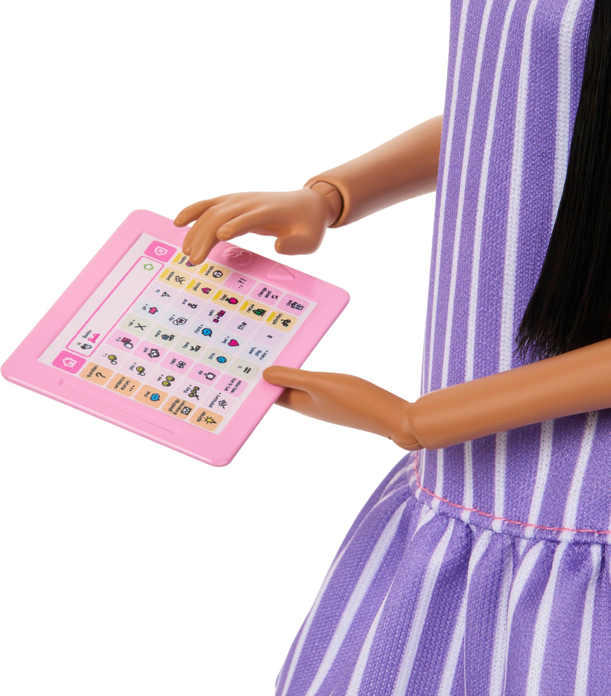 Barbie Fashionistas Doll #245, Autistic Doll Wearing Purple Striped Dress with Accessories Like Fidget Spinner, Tablet and Headphones