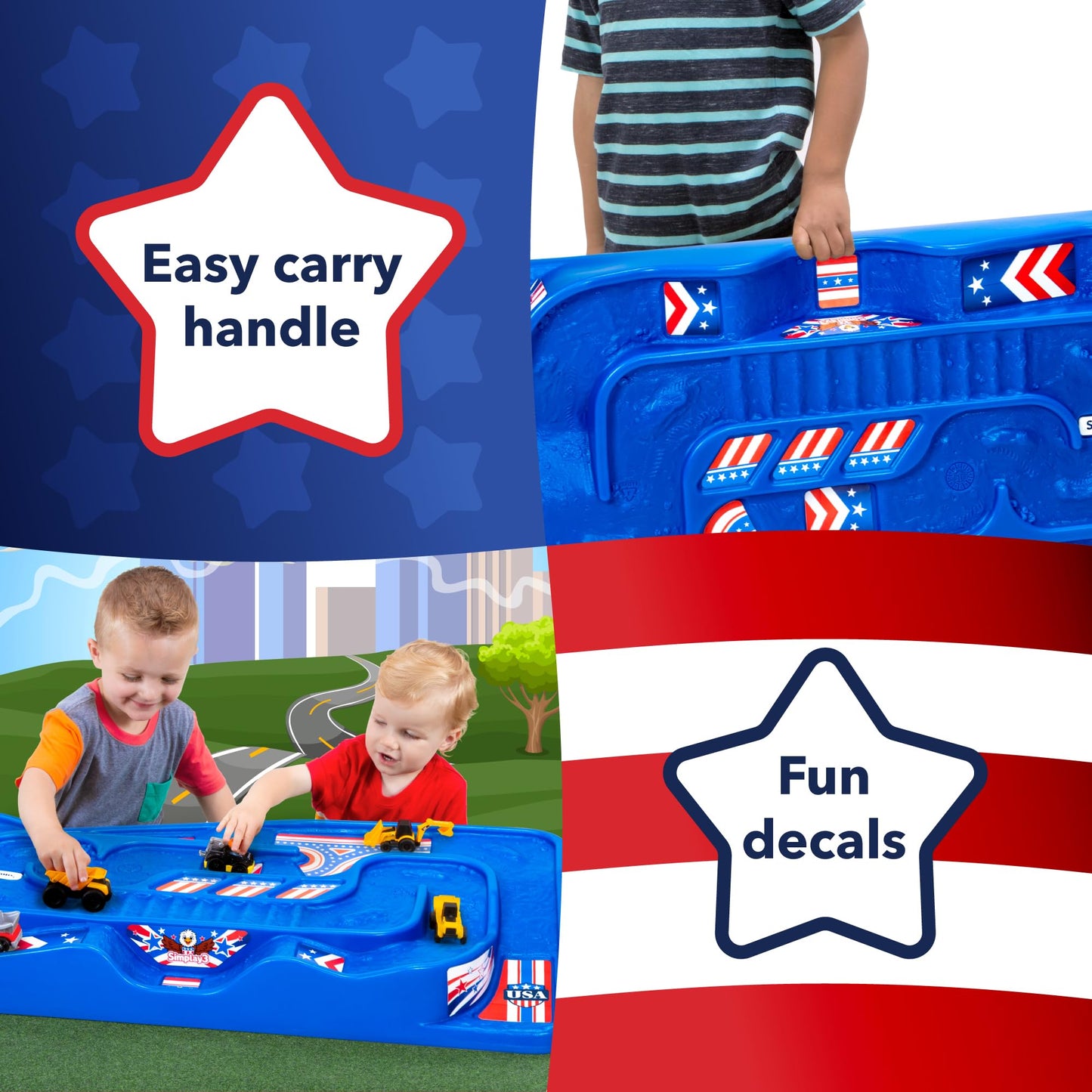 Simplay3 Portable Carry and Go Kids Race Track Toy Car Train Table, 2-Sided No Assembly for Children 3 4 5 6 7 Years Old Boys Girls, Made in USA, Red