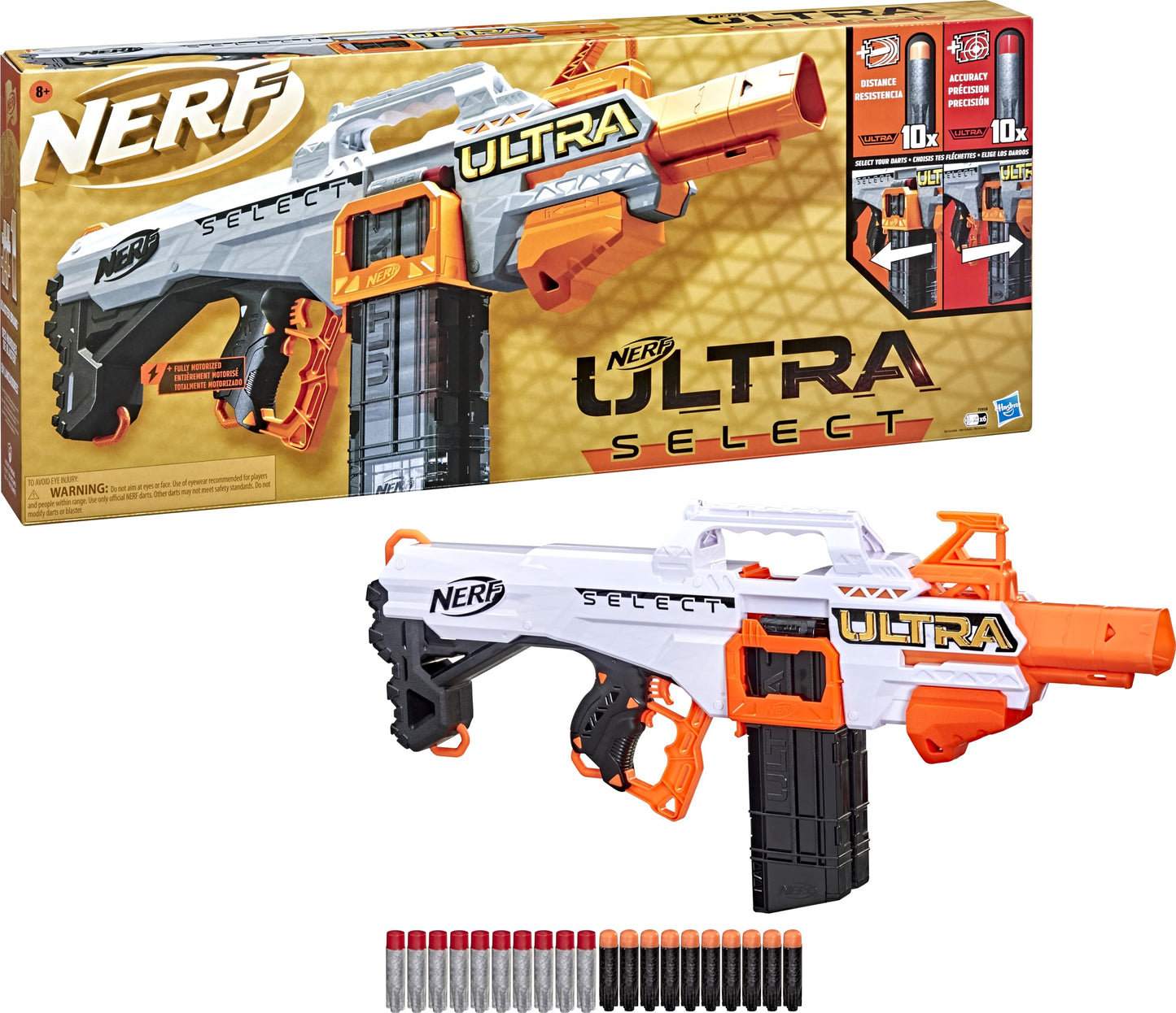 Nerf Ultra Select Fully Motorized Blaster, Fire for Distance or Accuracy, Includes Clips and Darts, Outdoor Games and Toys, Automatic Electric Full