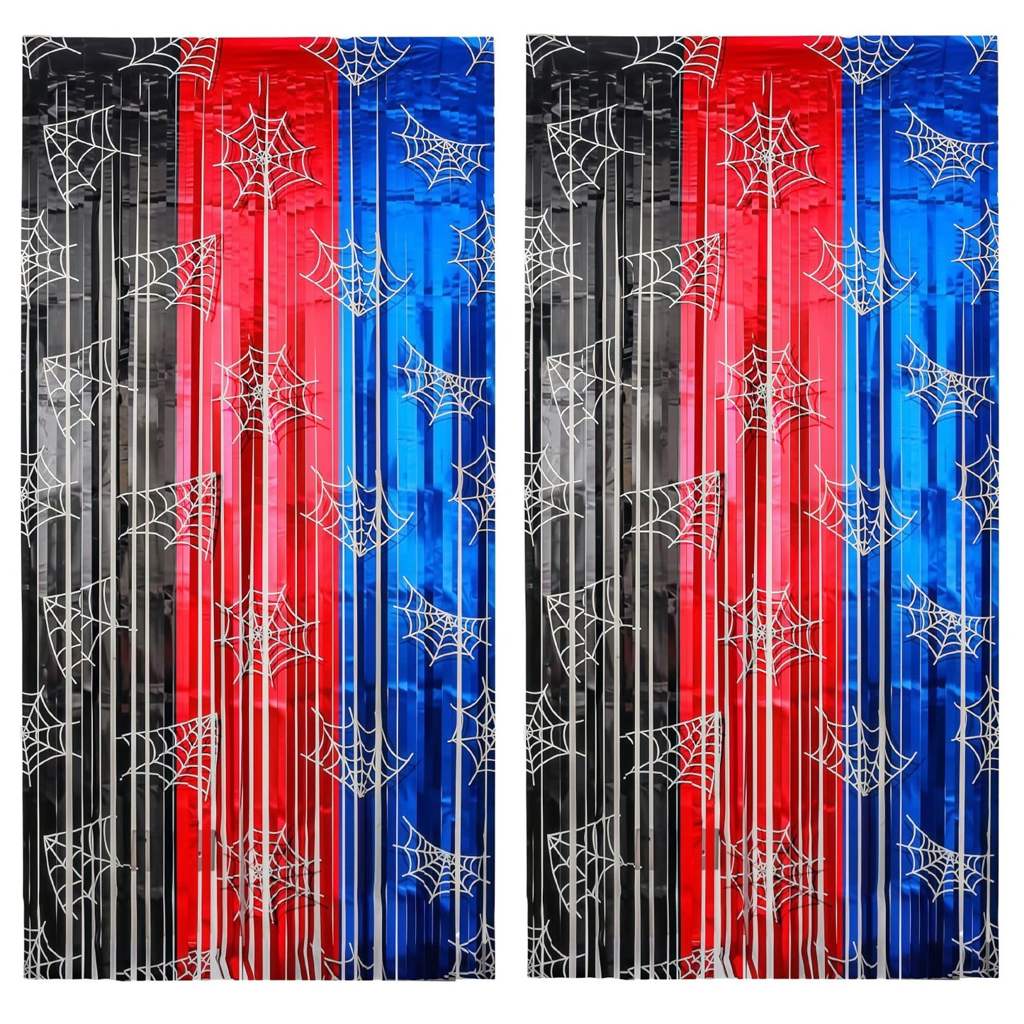 XSCSFWEQR 2 Pack 3.3 Ft x 6.6 Ft Spider Web Red Black Blue Metallic Tinsel Foil Fringe Curtains Shimmering Streamers Backdrop Photo Props for Spider
