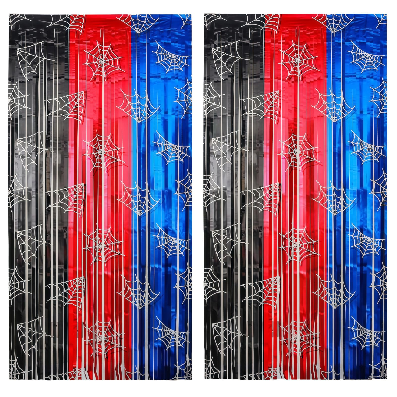 XSCSFWEQR 2 Pack 3.3 Ft x 6.6 Ft Spider Web Red Black Blue Metallic Tinsel Foil Fringe Curtains Shimmering Streamers Backdrop Photo Props for Spider