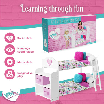 PZAS Toys Doll Bunk Bed - Bunk Bed for 18 Inch Dolls 23 Piece Set Complete with Linens, Pajamas, and Shelves, Fits American Girl Doll