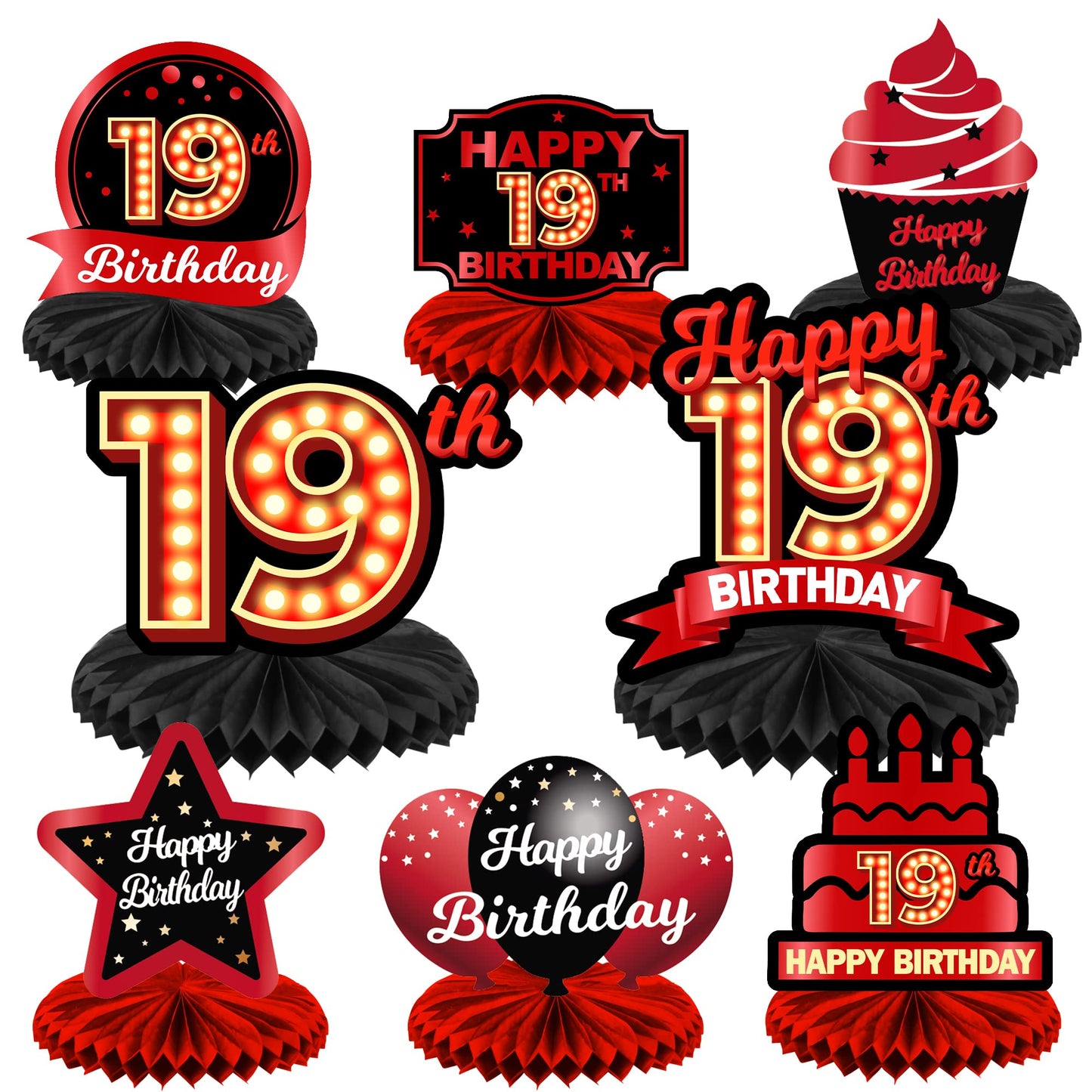 Happy 19th Birthday Red and Black Table Honeycomb Centerpieces Balloons Theme Decor Table Decorations Table Toppers for Girls Women Princess 19 Years