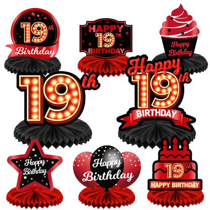 Happy 19th Birthday Red and Black Table Honeycomb Centerpieces Balloons Theme Decor Table Decorations Table Toppers for Girls Women Princess 19 Years