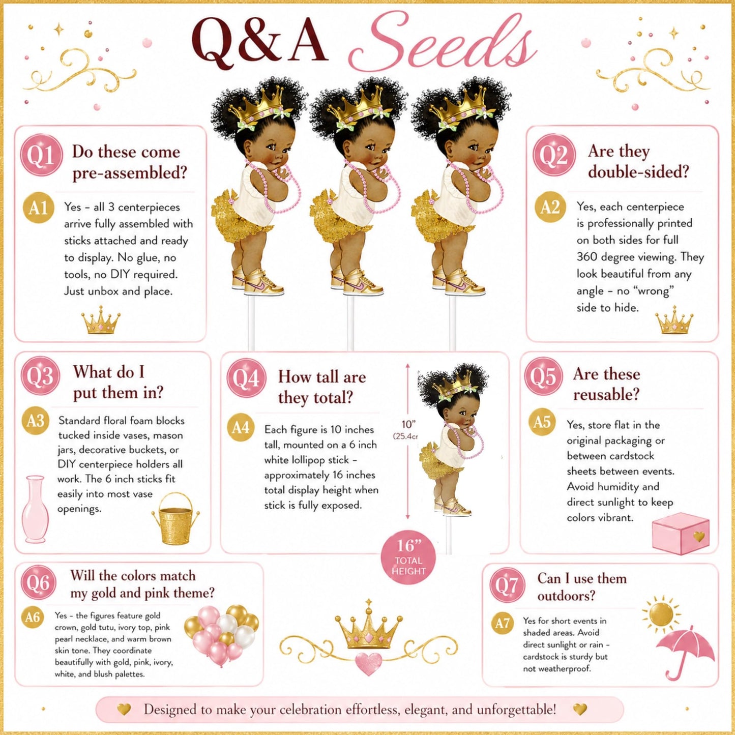 ArtPaperWonders Gold Princess Centerpieces 3 Piece Set - 10 Inch Double-Sided on Sticks - African American Royal Baby Shower Birthday Table