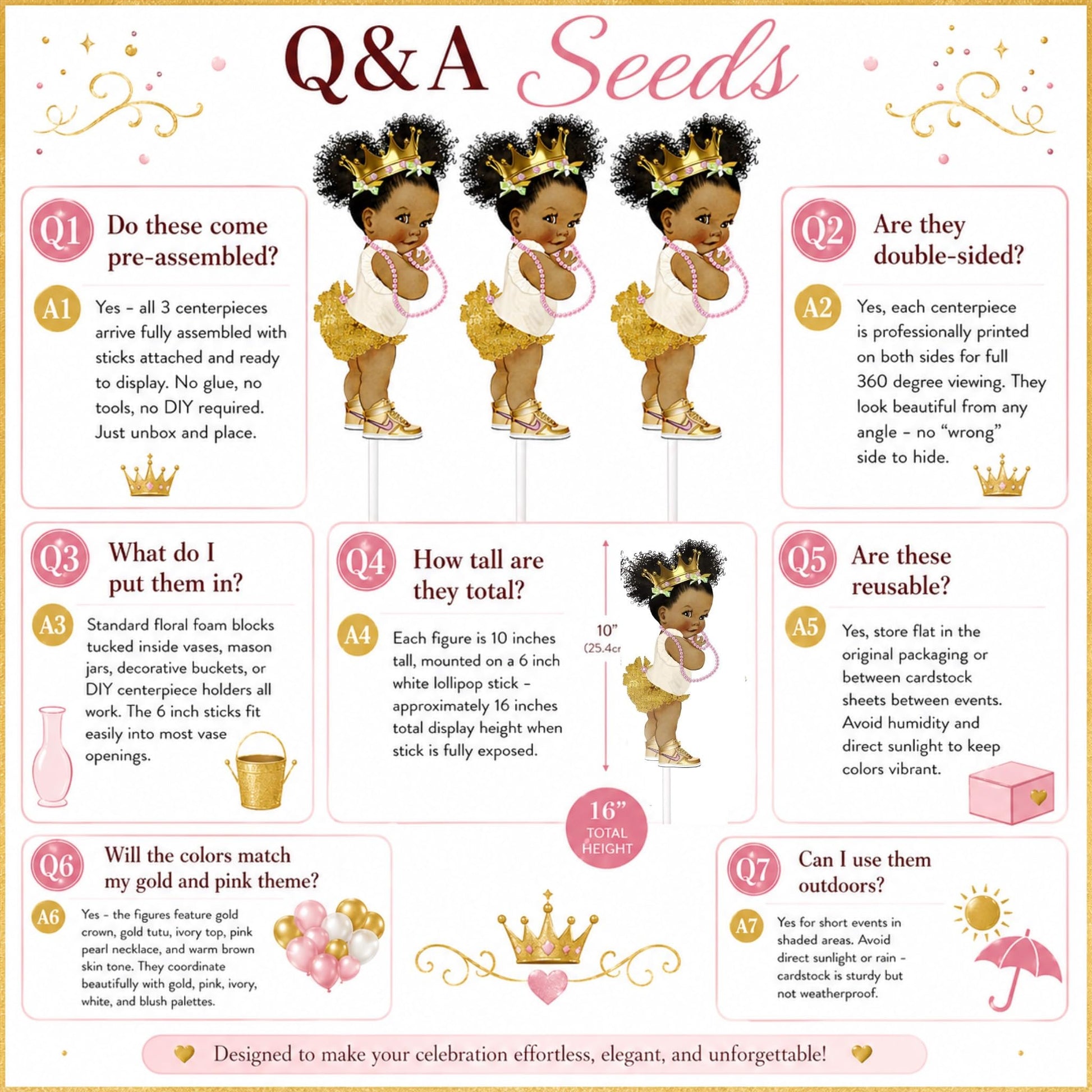 ArtPaperWonders Gold Princess Centerpieces 3 Piece Set - 10 Inch Double-Sided on Sticks - African American Royal Baby Shower Birthday Table