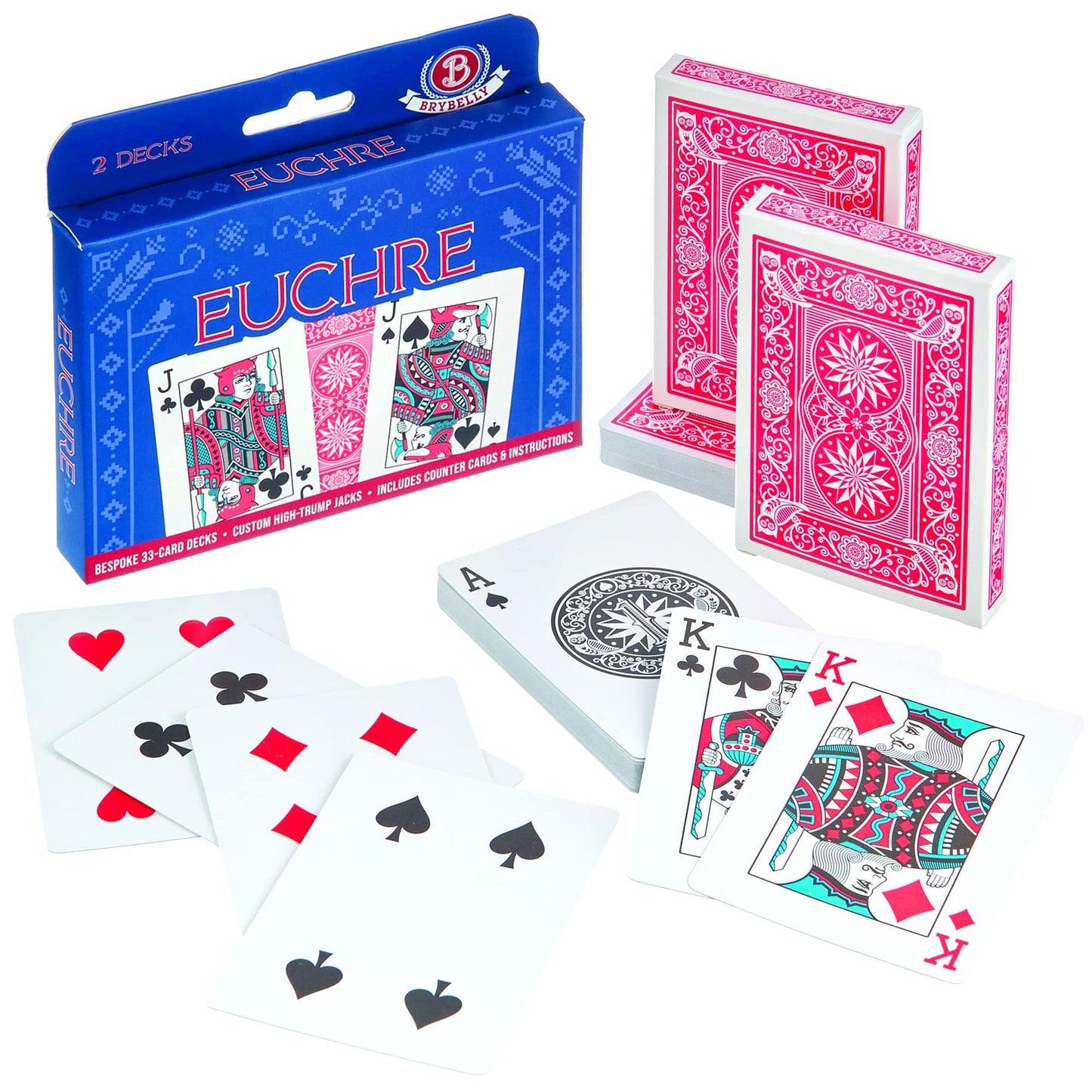 Brybelly Euchre Card Game - 2 Specialty Decks Pre-Stripped for Classic American Euchre or 6-Player Variant - Custom Bower Jacks & Blank Counter Cards