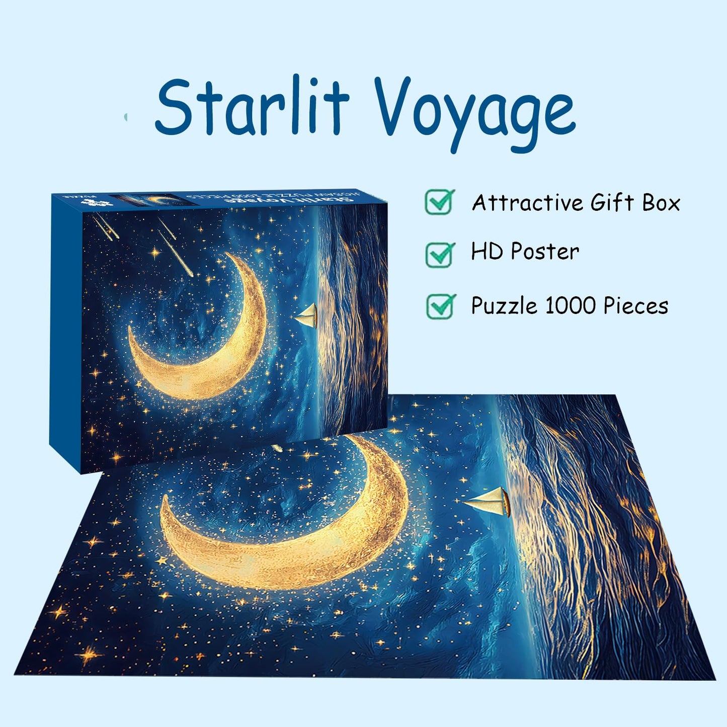 Ocean Puzzle 1000 Pieces-Starlit Voyage, Starry Night Puzzle 1000 Pieces, Moon Puzzles for Adults, Difficult Jigsaw Puzzle for Families, Finished Size