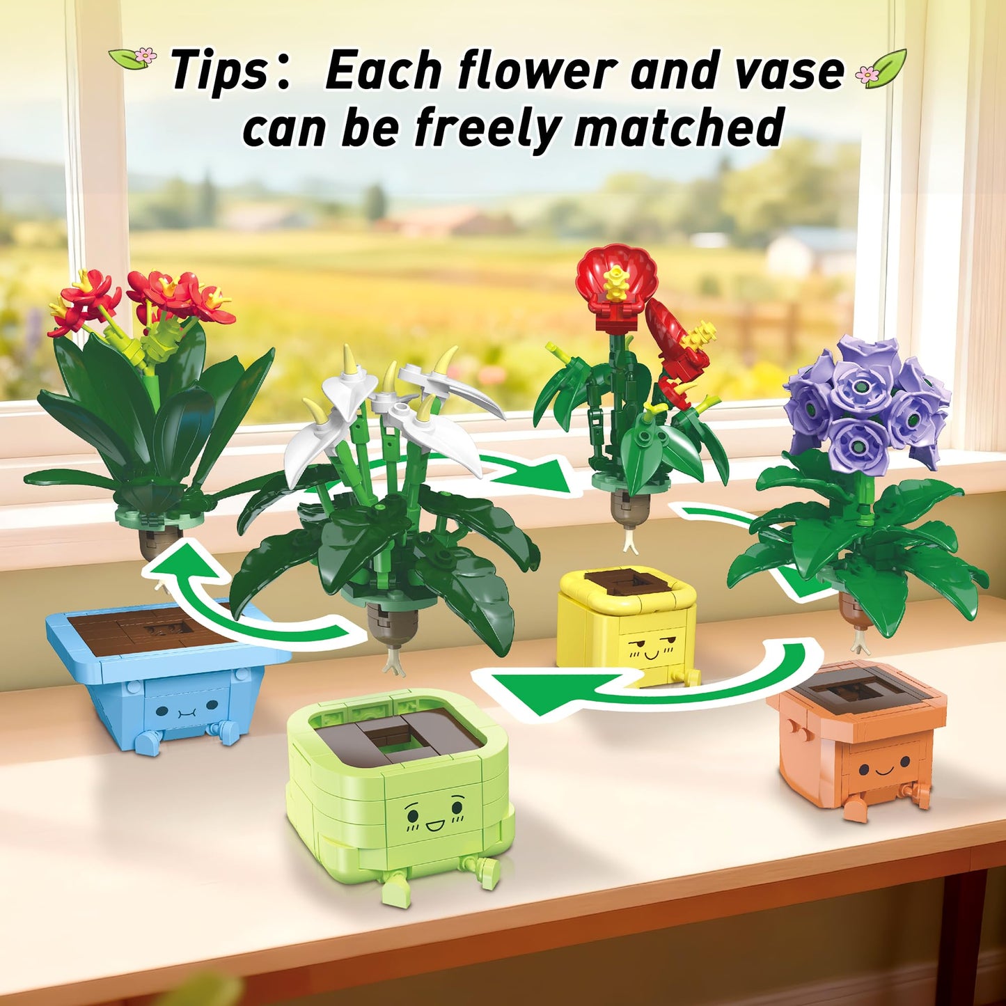 WIDELAND Flower Building Kit for Adults, 614 Pcs Happy Plants Flowers Set, Succulents Botanical Collection for Home Office Décor, Gift for Valentine's