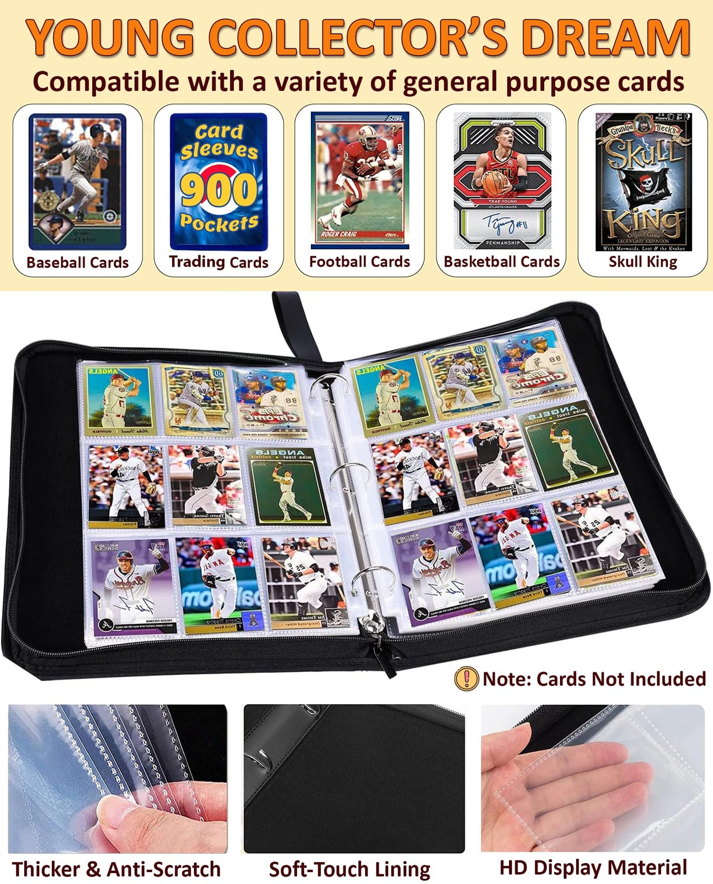 Baseball Card Binder 900 Pockets with 50 Protective Sleeves, Large Baseball Binder 9 Pocket, Premium Trading Cards Holder 3 Ring Zipper, Sport