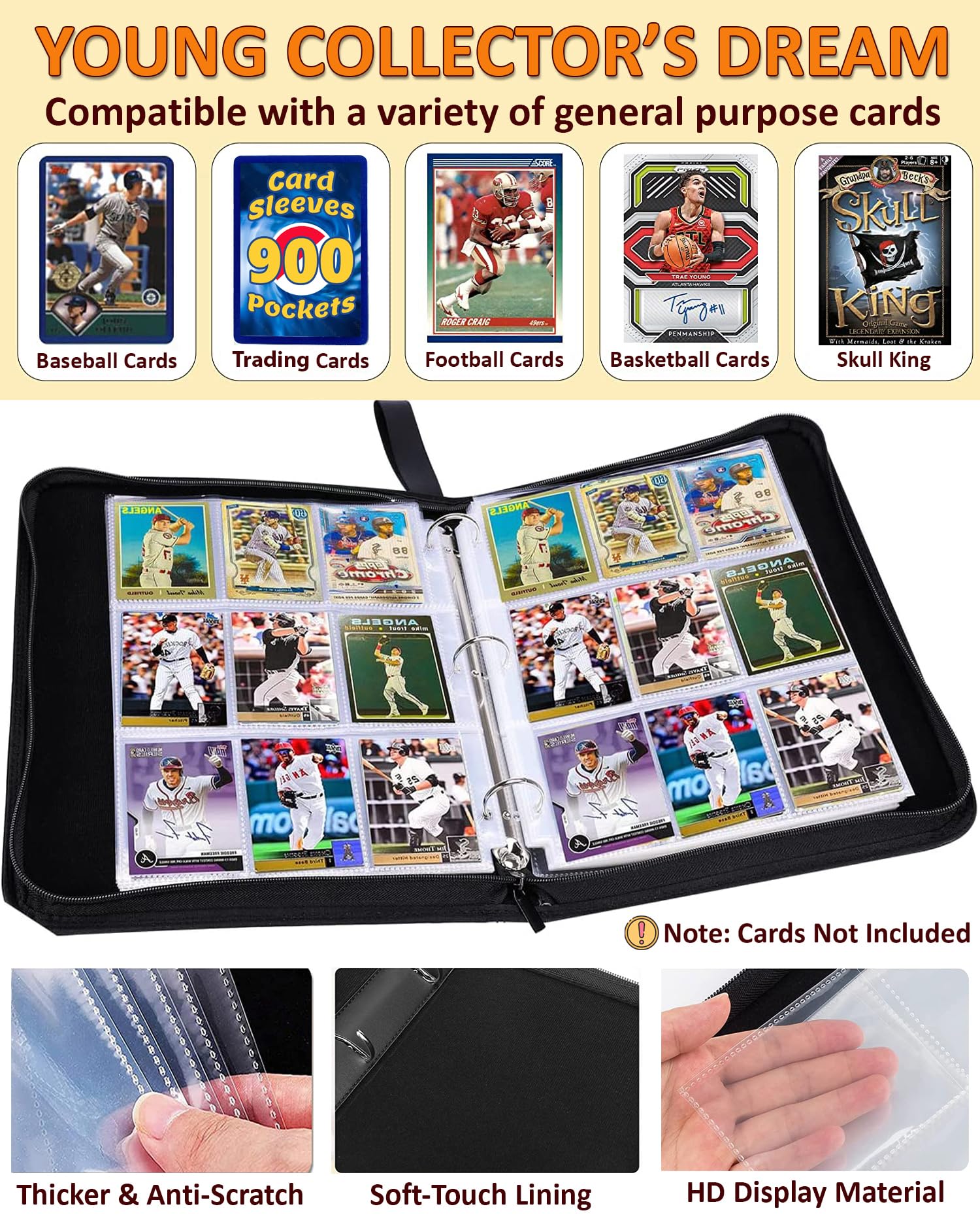 Baseball Card Binder 900 Pockets with 50 Protective Sleeves, Large Baseball Binder 9 Pocket, Premium Trading Cards Holder 3 Ring Zipper, Sport