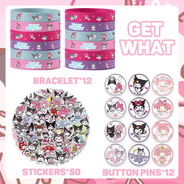 Signreen Kawaii Birthday Party Decorations, Kawaii Birthday Party Supplies Include 12 Bracelets, 12 Button Pins, 50 Stickers, Kawaii Party Favors