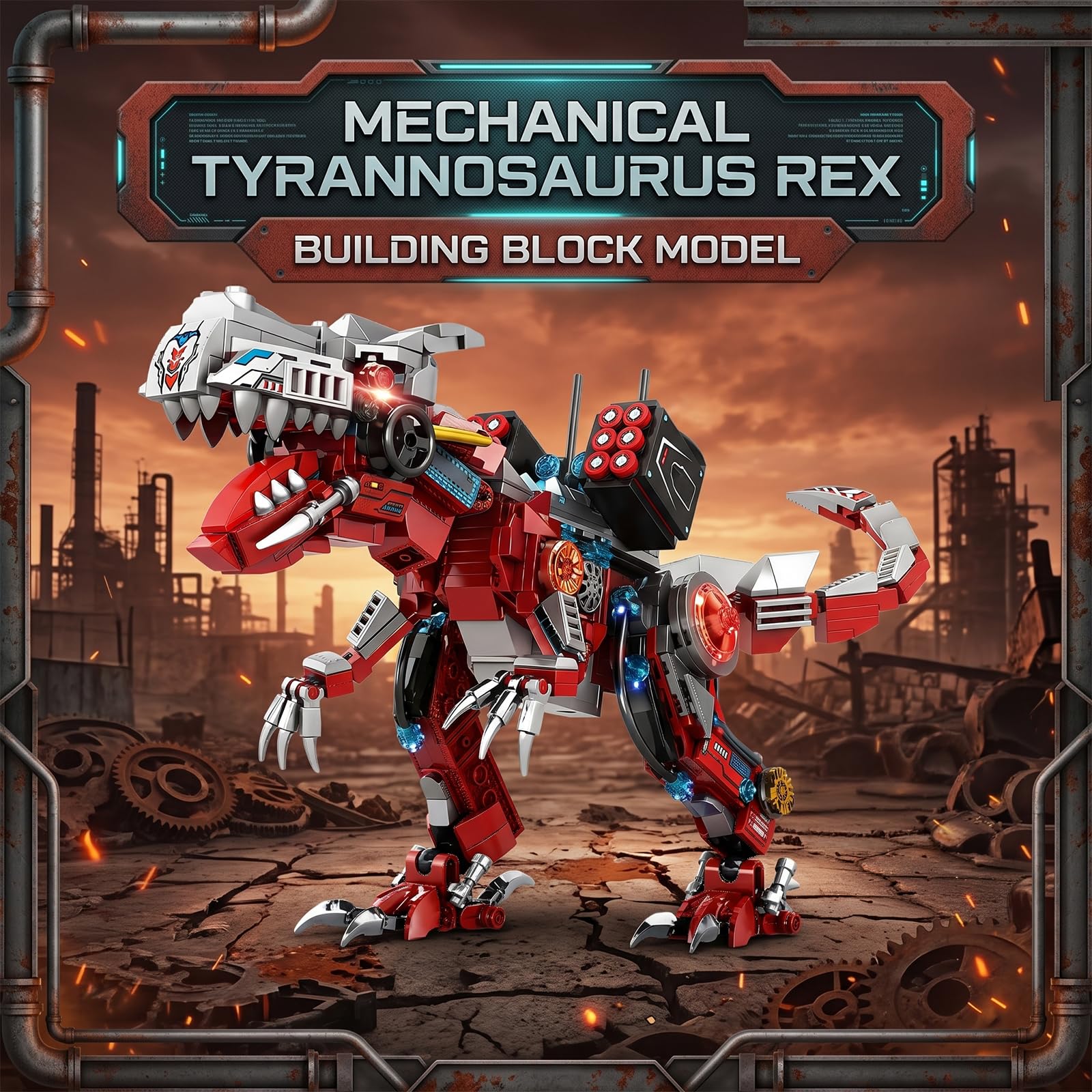BOIQJSI Sci-Fi Mechanical T-Rex Building Blocks Set-Collectible Dinosaur Model with Movable Gears & Motor, Complete with Display Stand, Great Hobby