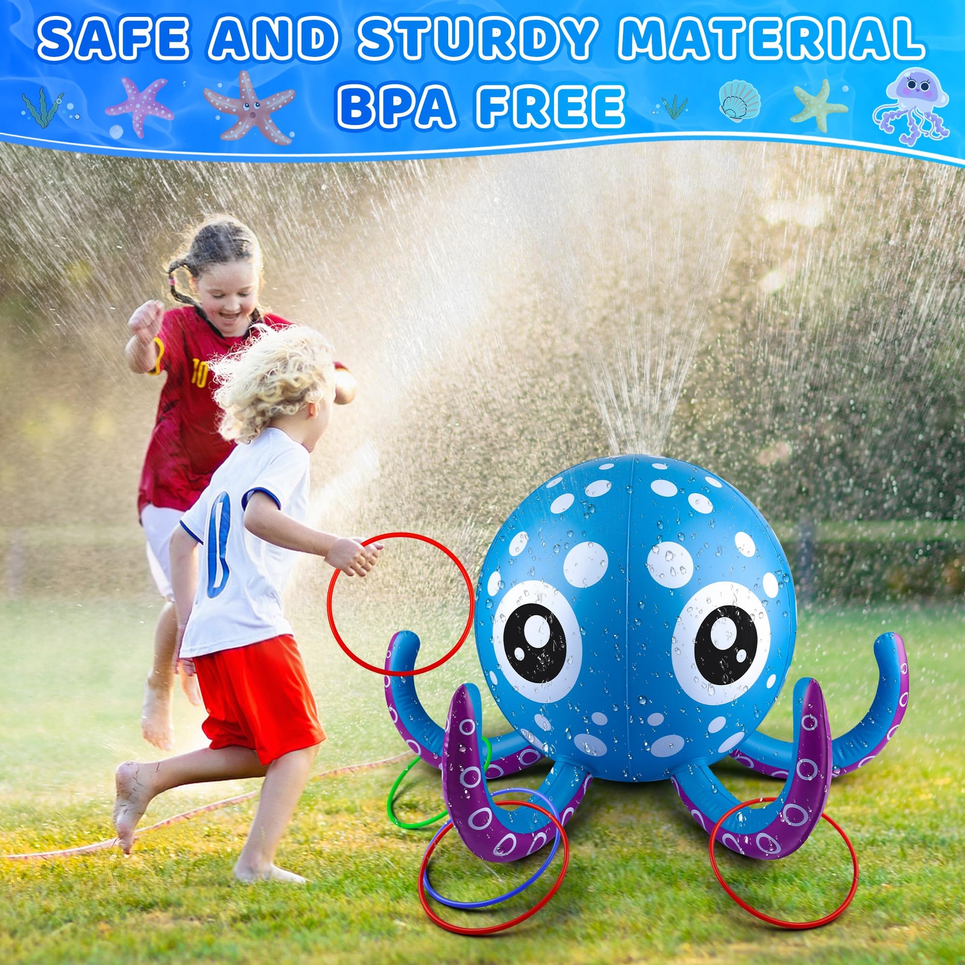 Sprinkler for Kids Inflatable Octopus Water Toys with 6 Rings, Summer Outdoor Toys Backyard Water Spray Sprinkler Fun Pool Toys for 3 4 5 6 Years