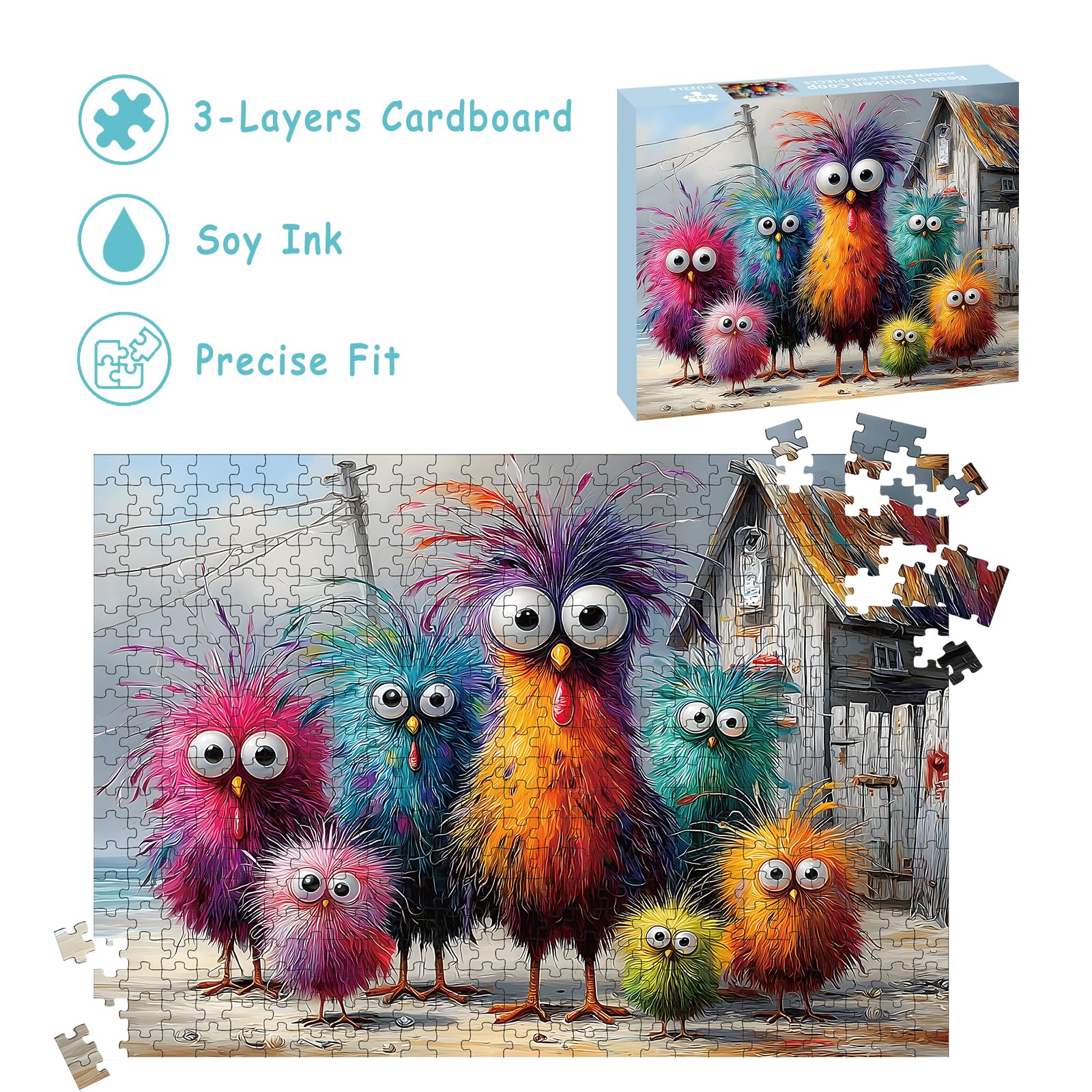Puzzles for Adults 500 Pieces, Chicken Jigsaw Puzzles - Beach Chicken Coop, Impossible Beach Puzzles for Seniors Family, 20.47x14.96 inches, 1:1