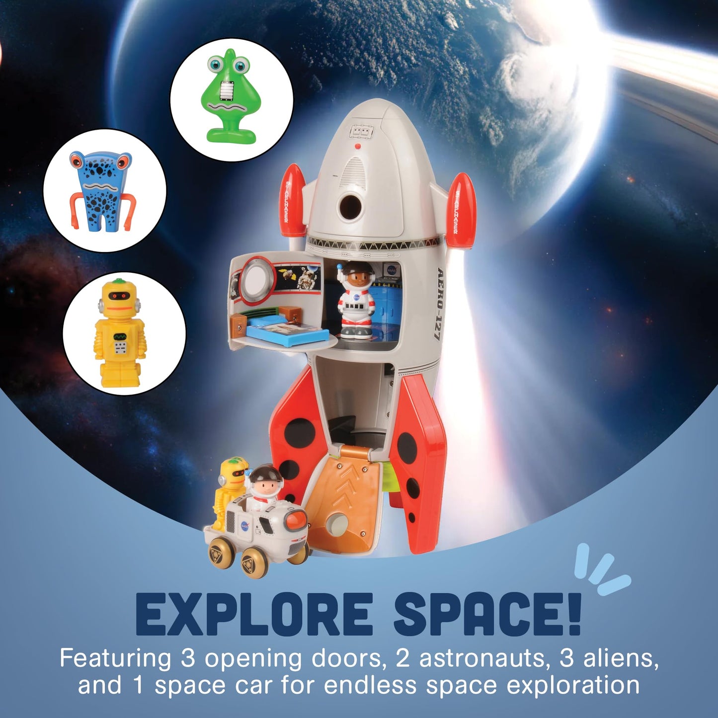CP Toys Space Mission Rocket Ship Toy, Includes Astronaut Figurines, Aliens and Vehicle, Space Gifts, STEM Toddler Toys for Kids 3 Years and Older