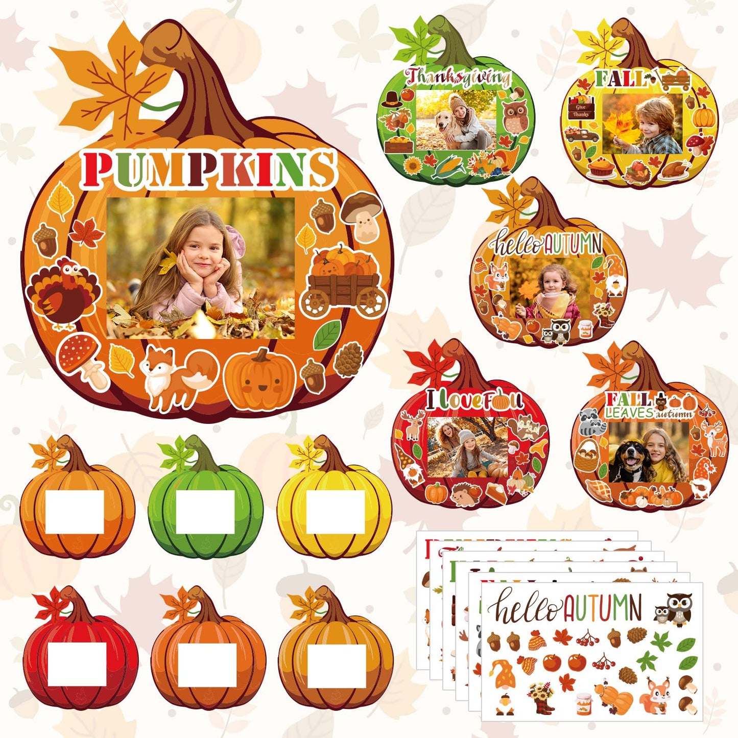 BLSUREFYX 36 Sets Fall DIY Picture Frames Craft Kit 6.8 x 6.3 Inch Autumn Pumpkin Photo Frames Ornaments with Autumn Stickers for Thanksgiving