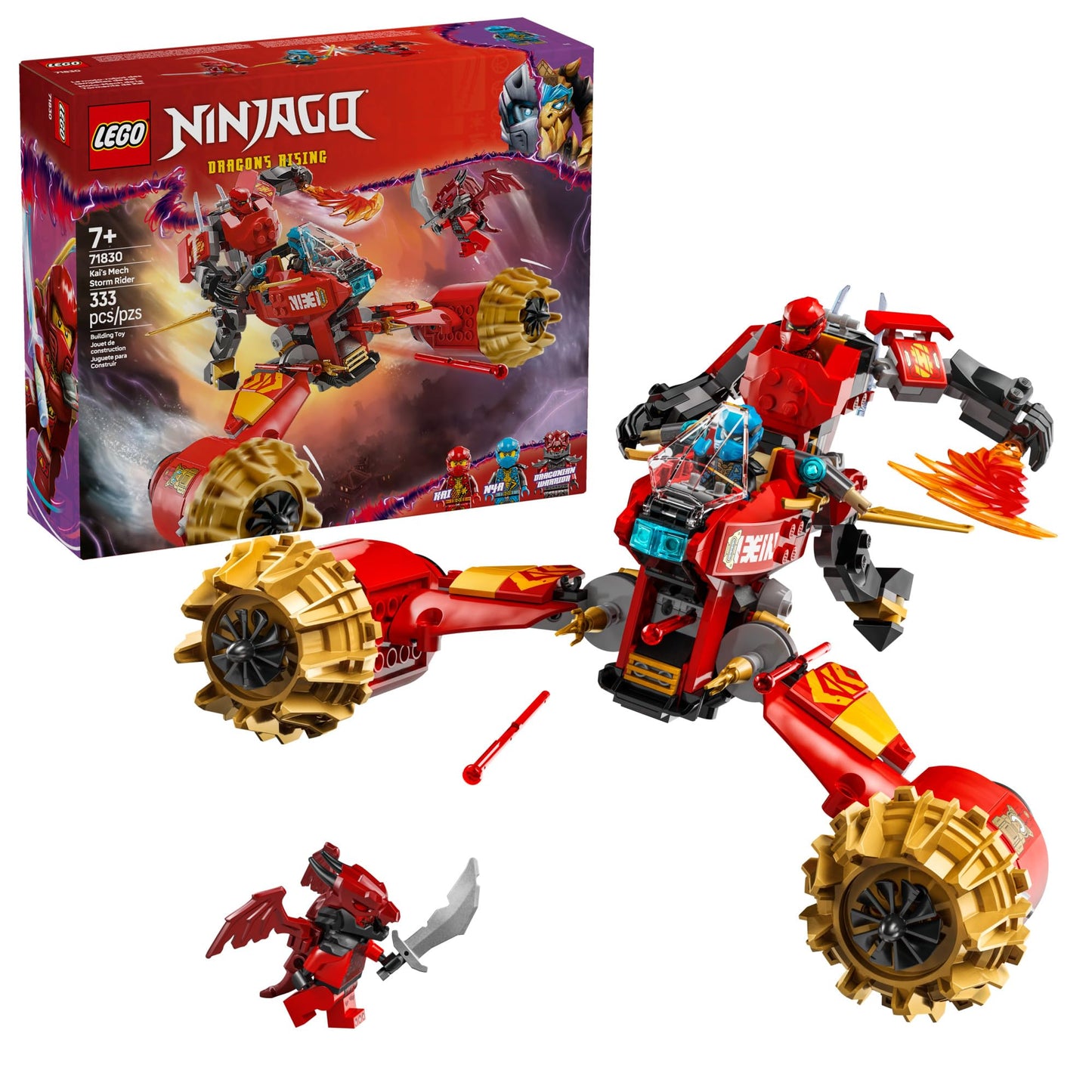 LEGO NINJAGO Kai's Mech Storm Rider Action Figure - Pretend Play Building Toy for Boys and Girls, Ages 7+ - Ninja Toy for Kids with 3 Minifigures