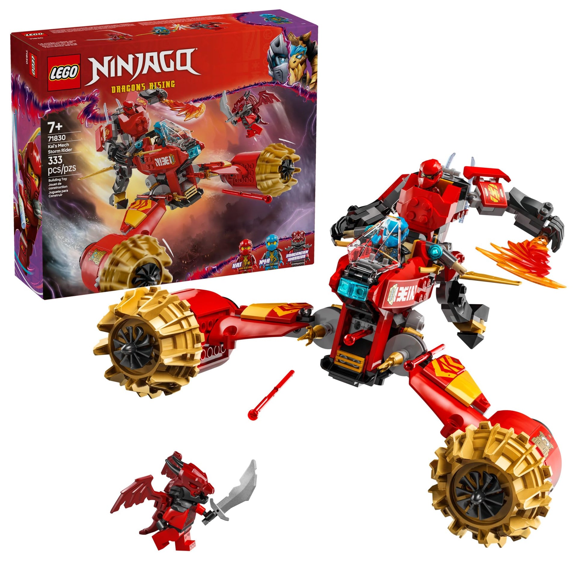 LEGO NINJAGO Kai's Mech Storm Rider Action Figure - Pretend Play Building Toy for Boys and Girls, Ages 7+ - Ninja Toy for Kids with 3 Minifigures